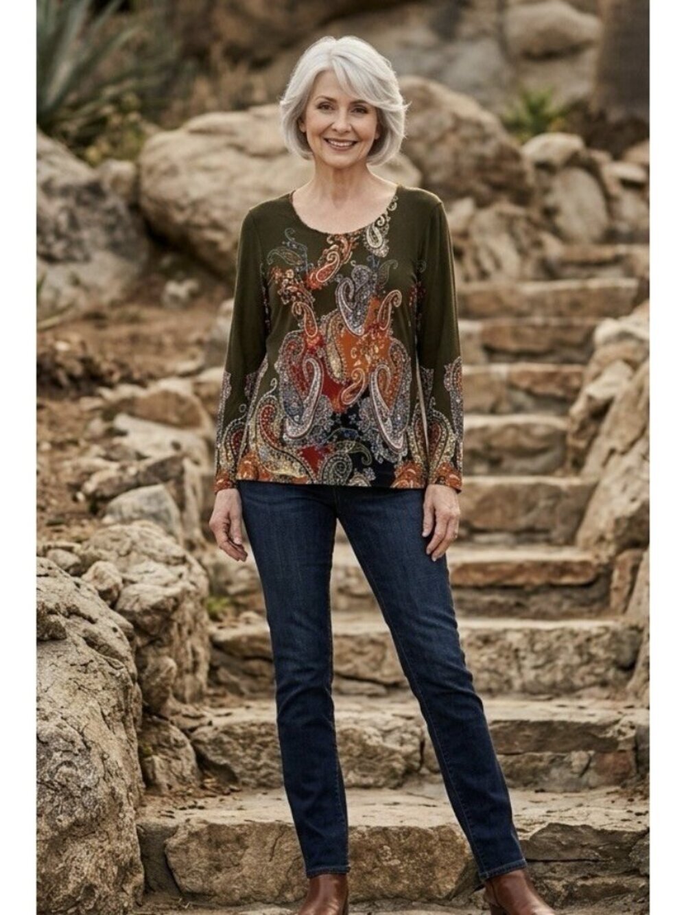 Chico's Paisley Olive Green Print Round Neck Tee Top